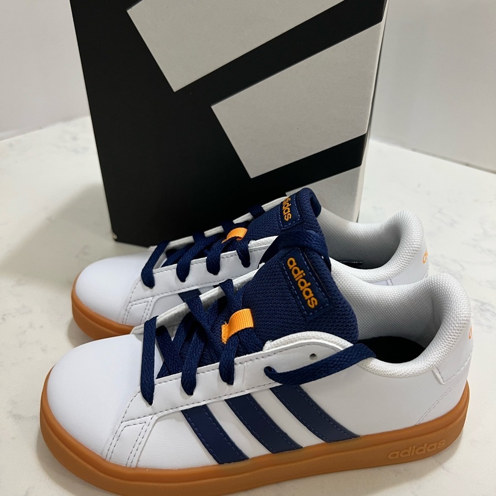 Adidas Kids' White and Navy Sneakers with Orange Accents